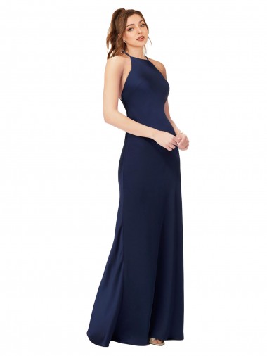Best Silky Satin Criss Cross Back Long High Neck Sheath Prom Dress Canada