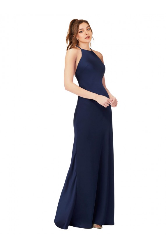 Best Silky Satin Criss Cross Back Long High Neck Sheath Prom Dress Canada