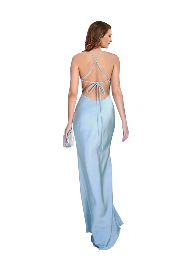 Best Silky Satin Criss Cross Open Back Long Cowl Neck Light Sky Blue Sheath Prom Dress Canada