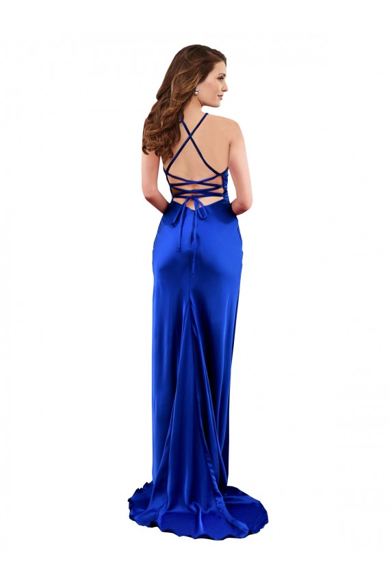 Best Silky Satin Criss Cross Open Back Long Cowl Neck Royal Blue Sheath Prom Dress Canada