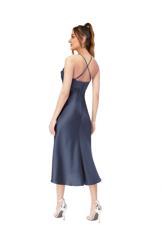 Best Silky Satin Criss Cross Back Midi Length Cowl Neck Sheath High Low Prom Dress Canada