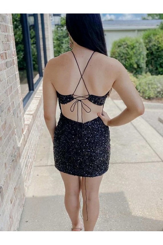 Best Velvet Sequin Short Halter Neck Sheath Prom Dress Canada