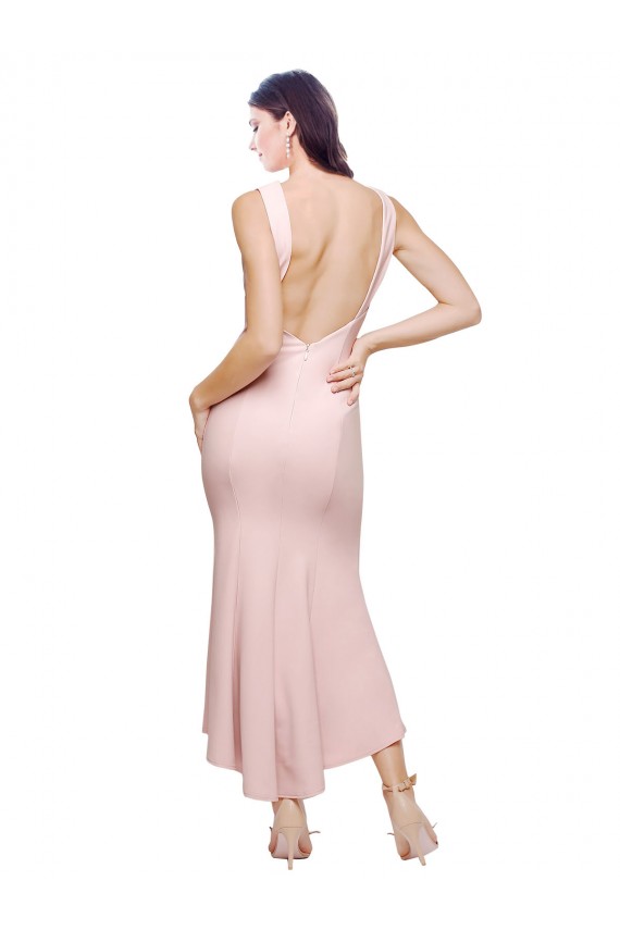 Best Stretch Crepe Low Back Midi Length High Neck Sheath High Low Prom Dress Canada
