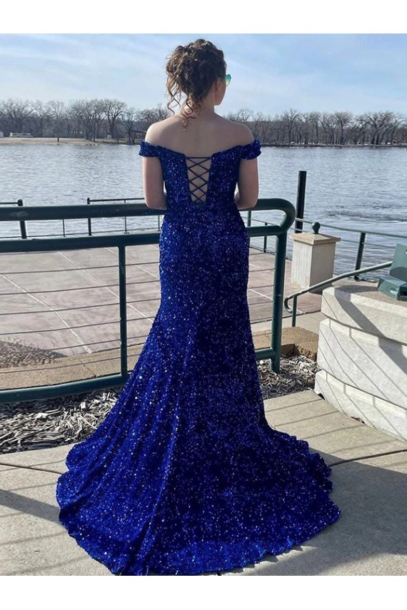 Best Velvet Sequin Sweep Train Off the Shoulder Sheath Prom Dress Canada