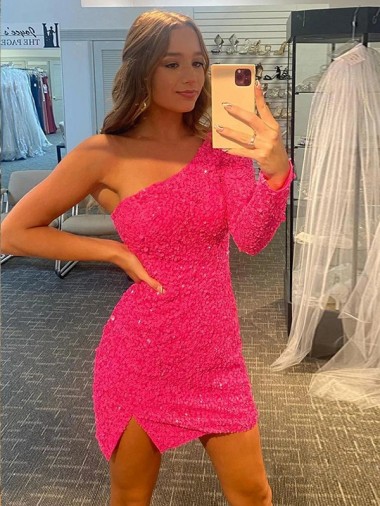 Best Velvet Sequin Short One Shoulder Long Sleeves Evening Prom Dress Canada