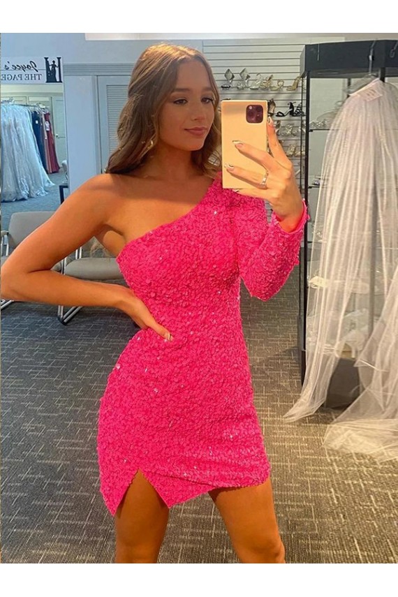 Best Velvet Sequin Short One Shoulder Long Sleeves Evening Prom Dress Canada