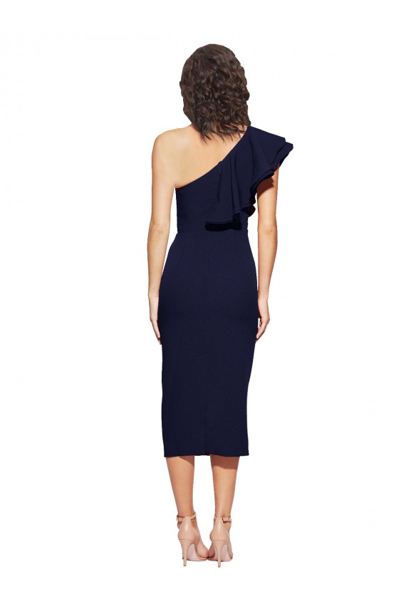 Best Stretch Crepe Midi Length One Shoulder Dark Navy Sheath Prom Dress Canada