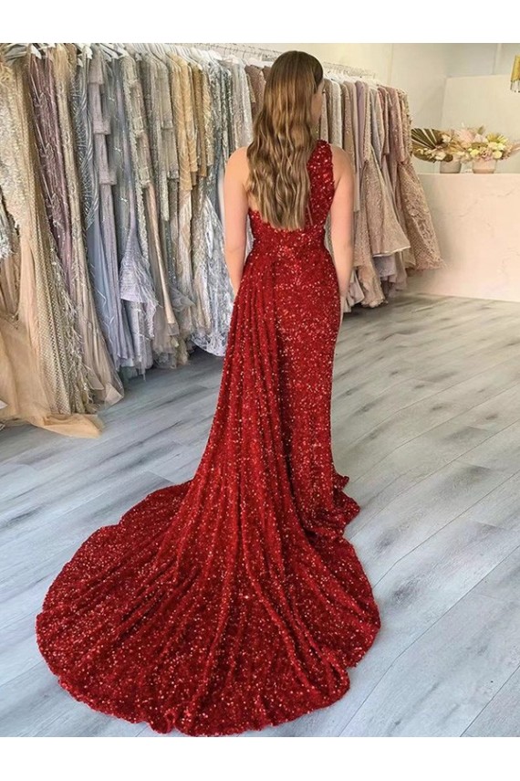 Best Velvet Sequin Court Train One Shoulder Sheath Prom Dress Canada