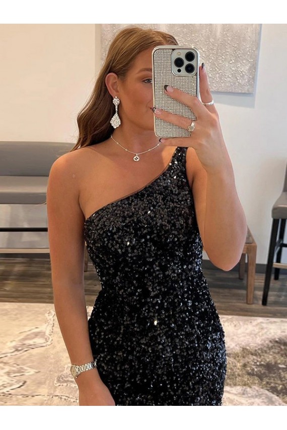 Best Velvet Sequin Short One Shoulder Sleeveless Prom Party Dress Canada