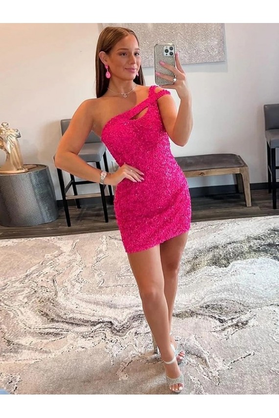 Best Velvet Sequin Sleeveless One Shoulder Fuchsia Sheath Prom Dresses Canada
