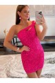 Best Velvet Sequin Sleeveless One Shoulder Fuchsia Sheath Prom Dresses Canada