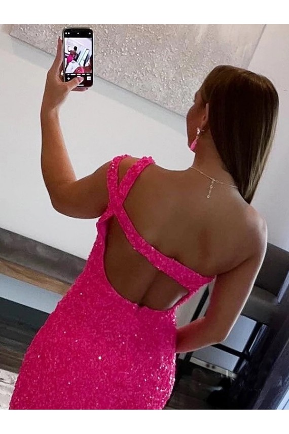 Best Velvet Sequin Sleeveless One Shoulder Fuchsia Sheath Prom Dresses Canada