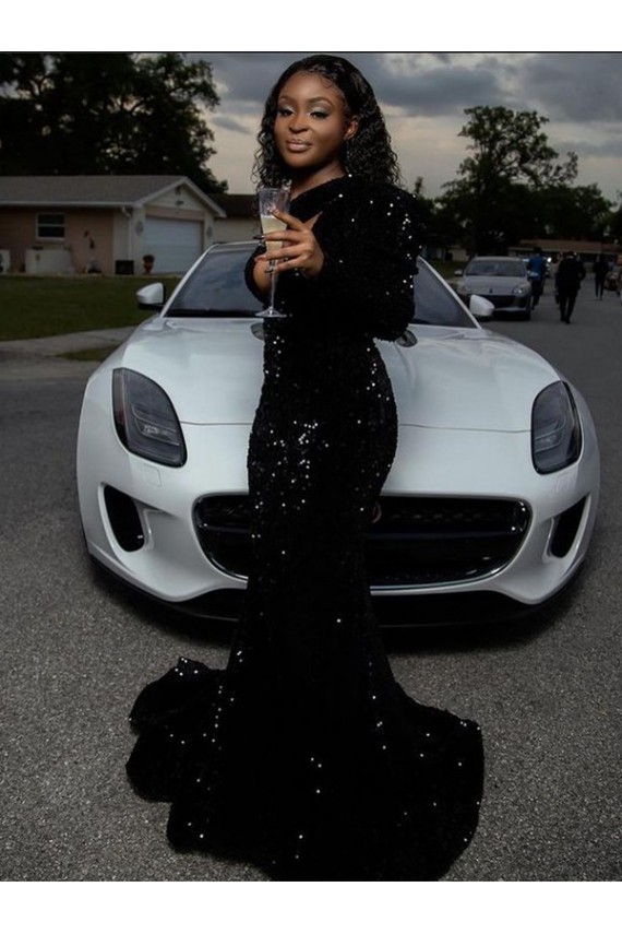 Best Velvet Sequin Long Sleeves One Shoulder Black Sheath Prom Dress Canada