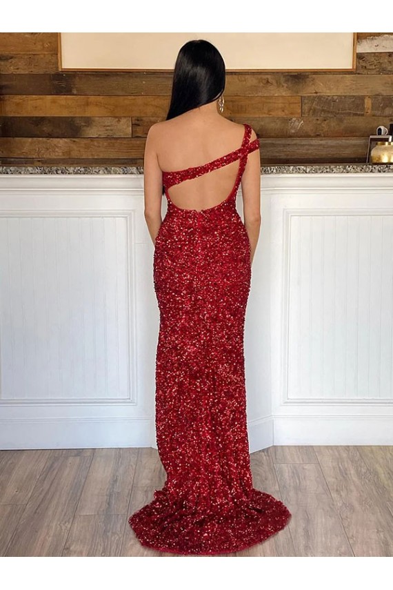 Best Velvet Sequin Sweep Train One Shoulder Sheath Prom Dress Canada