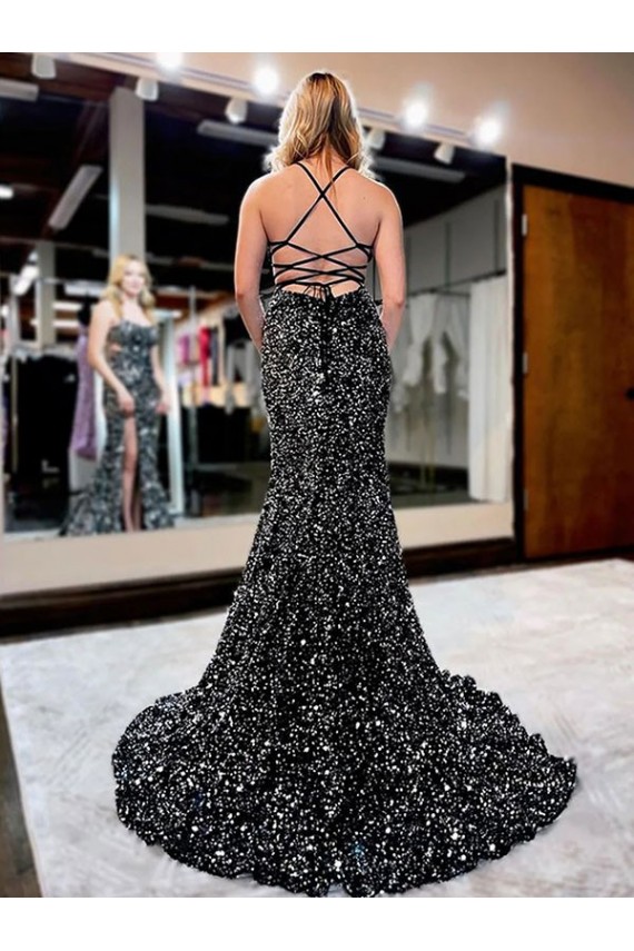 Best Velvet Sequin Sweep Train Spaghetti Straps Sheath Evening Prom Dress Canada
