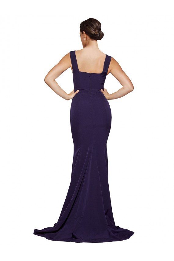 Best Stretch Crepe Sweep Train Square Neck Dark Navy Sheath Prom Dress Canada