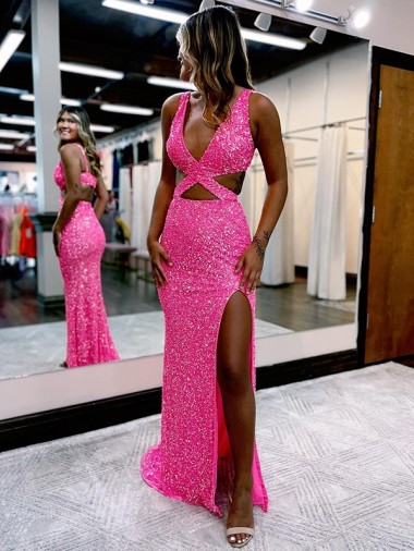 Best Velvet Sequin Long Sweep Train V-Neck Sheath Prom Dress Canada