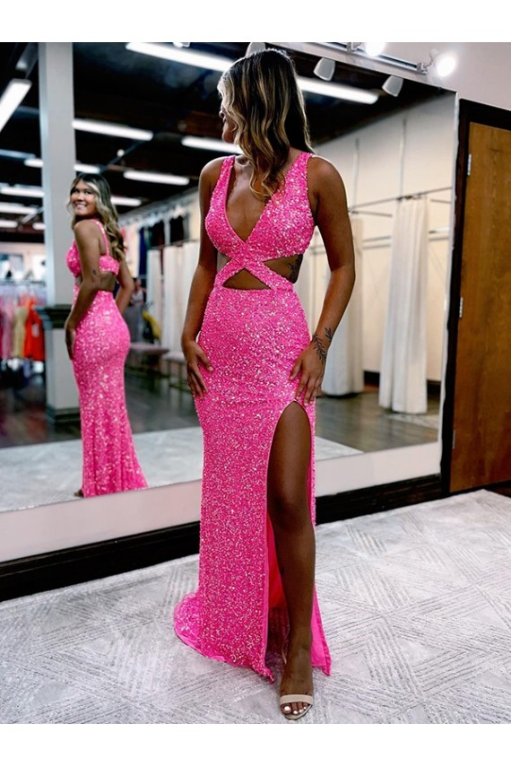 Best Velvet Sequin Long Sweep Train V-Neck Sheath Prom Dress Canada