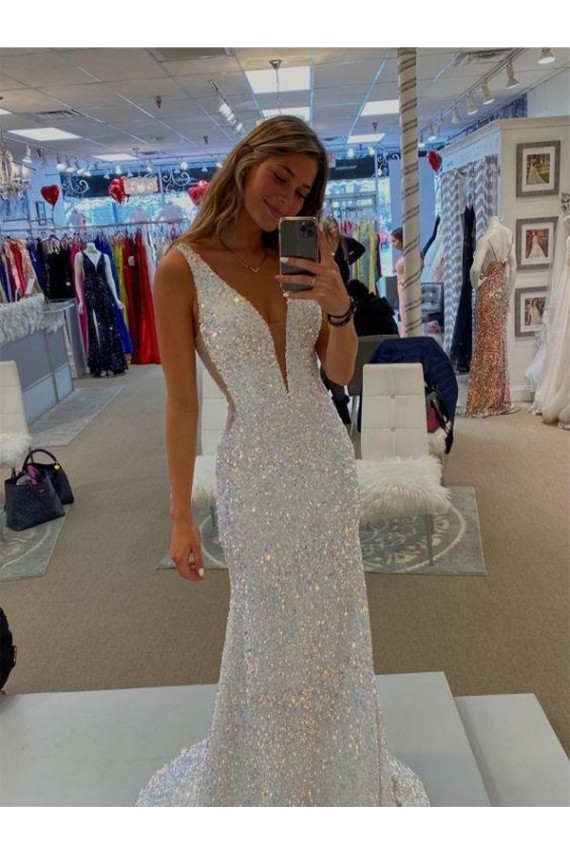 Best Velvet Sequin Sweep Train V-Neck Sheath Prom Dresses Canada