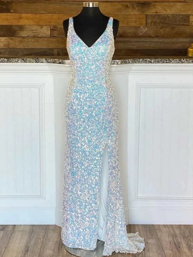 Best Velvet Sequin Sweep Train V-Neck Sheath Prom Dress Canada