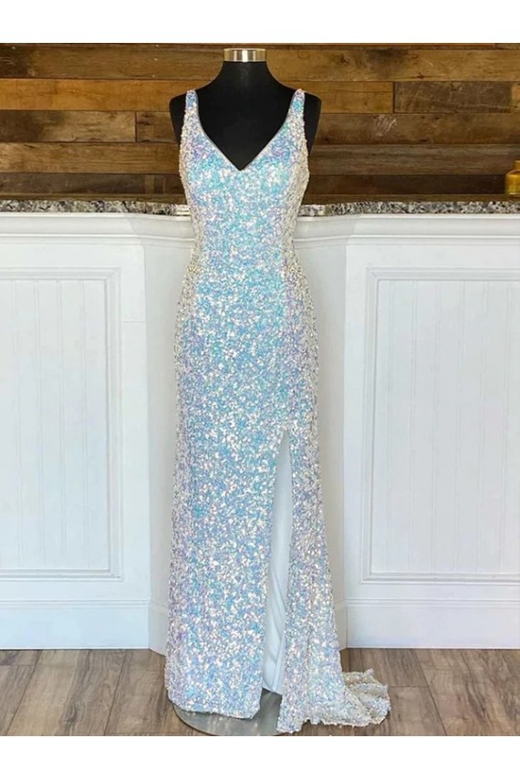 Best Velvet Sequin Sweep Train V-Neck Sheath Prom Dress Canada