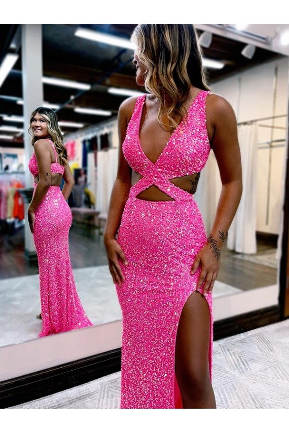 Best Velvet Sequin Long Sweep Train V-Neck Sheath Prom Dress Canada