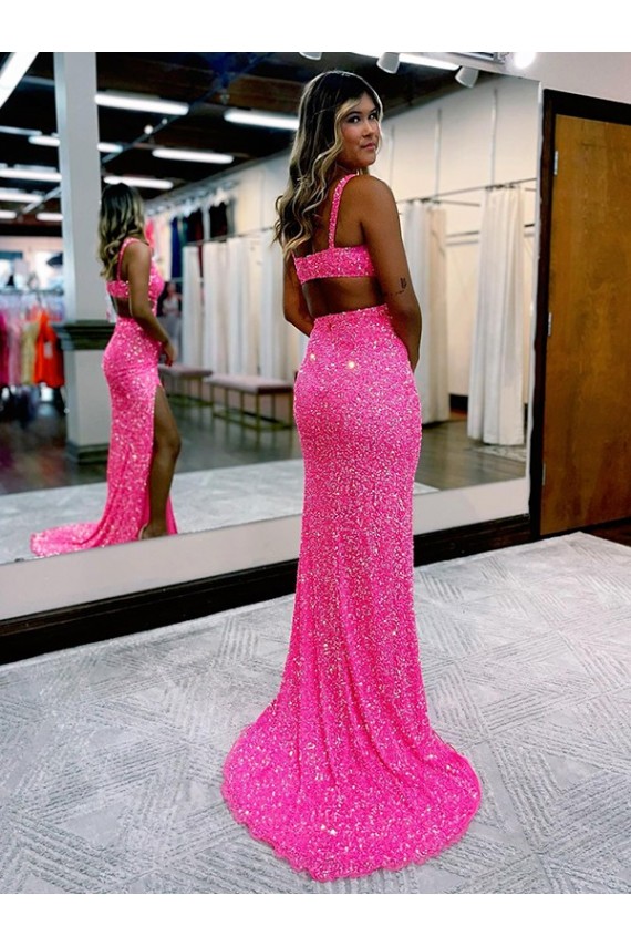 Best Velvet Sequin Long Sweep Train V-Neck Sheath Prom Dress Canada