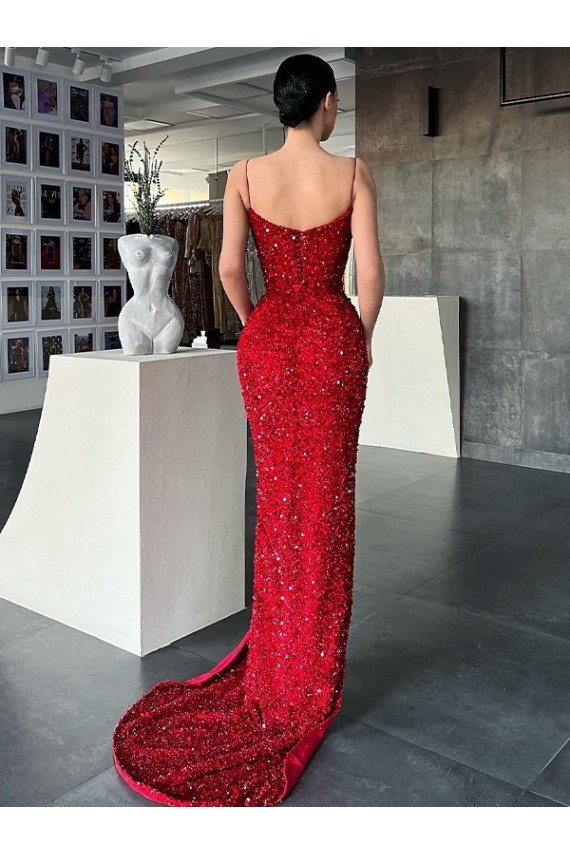 Best Velvet Sequin Sleeveless V-Neck Red Sheath Prom Dress Canada