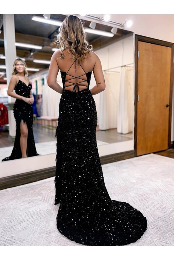 Best Velvet Sequin Sweep Train V-Neck Sheath High Side Slit Prom Dress Canada