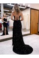 Best Velvet Sequin Sweep Train V-Neck Sheath High Side Slit Prom Dress Canada