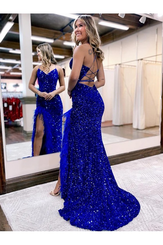Best Velvet Sequin Sweep Train V-Neck Sheath High Side Slit Prom Dress Canada