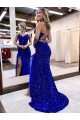 Best Velvet Sequin Sweep Train V-Neck Sheath High Side Slit Prom Dress Canada