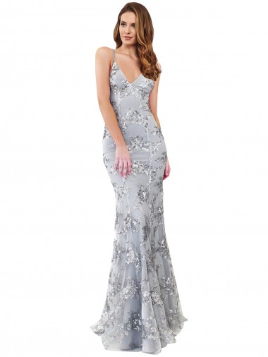 Best Stretch Crepe & Sequin Tulle Backless Long V-Neck Silver Mermaid Prom Dress Canada