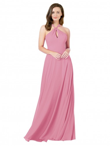 Best Soft Chiffon Keyhole Back Long Halter Neck A-Line Prom Dress Canada