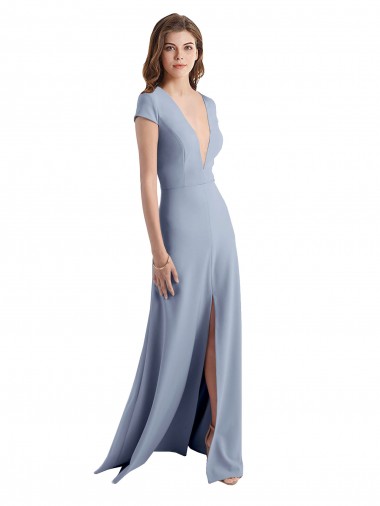 Best Stretch Crepe Long V-Neck Smoke Blue Sheath Prom Dress Canada