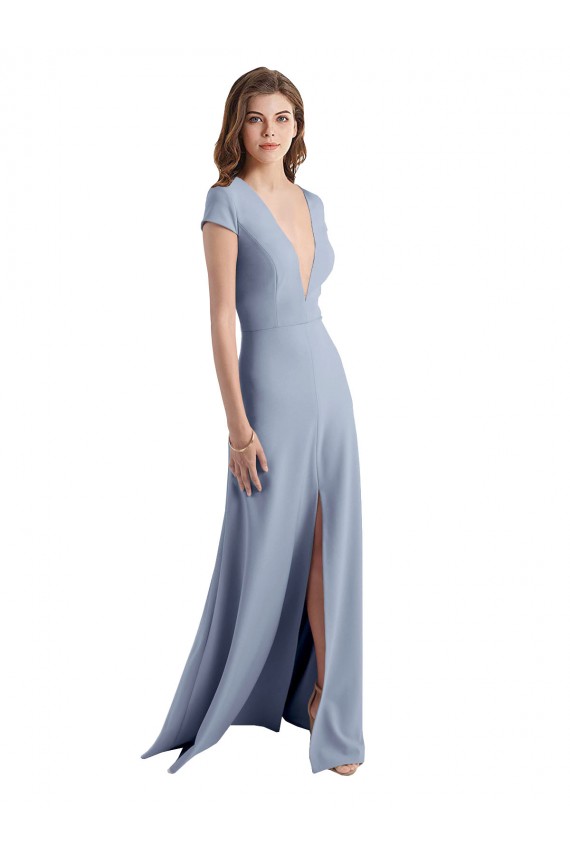 Best Stretch Crepe Long V-Neck Smoke Blue Sheath Prom Dress Canada