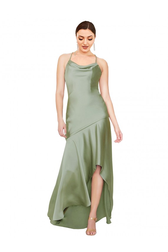 Best Silky Satin Criss Cross Open Back Long Cowl Neck A-Line High Low Prom Dress Canada