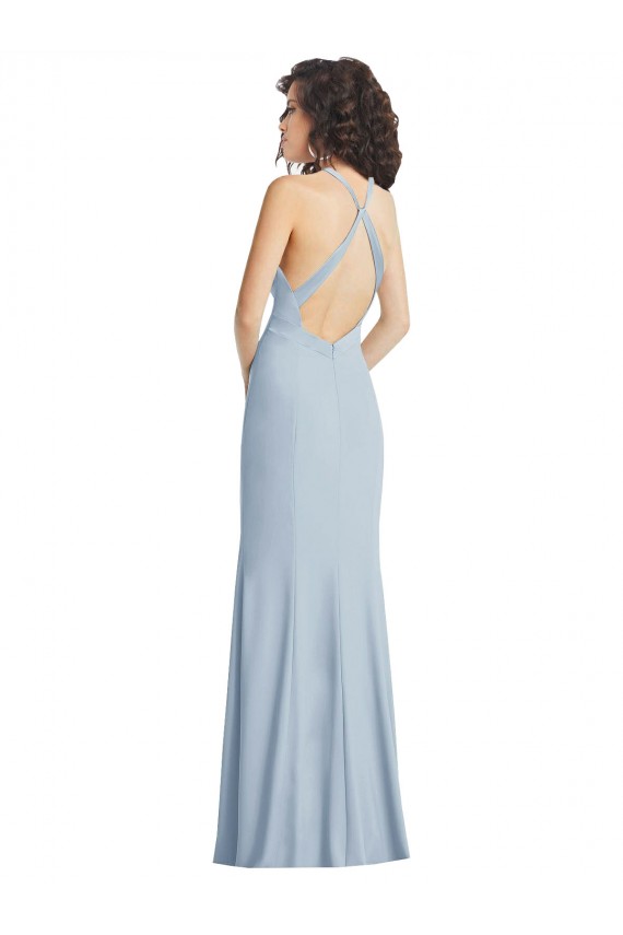 Best Stretch Crepe Criss Cross Back Long Halter Neck Light Sky Blue Trumpet Prom Dress Canada